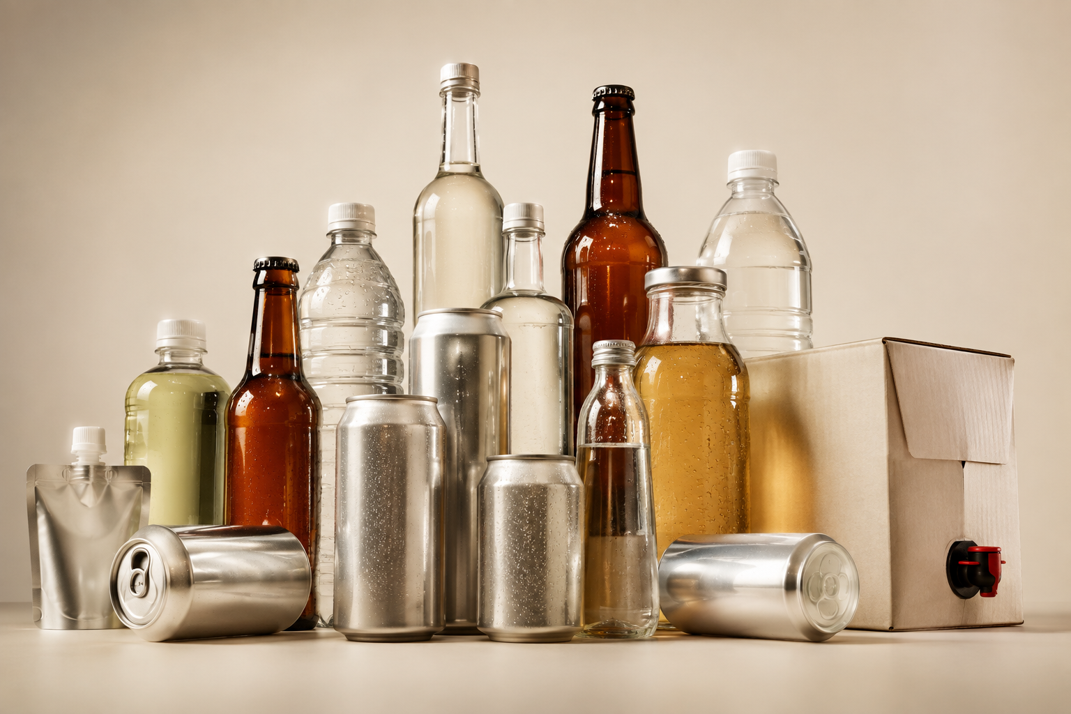 Assorted beverage bottles and cans